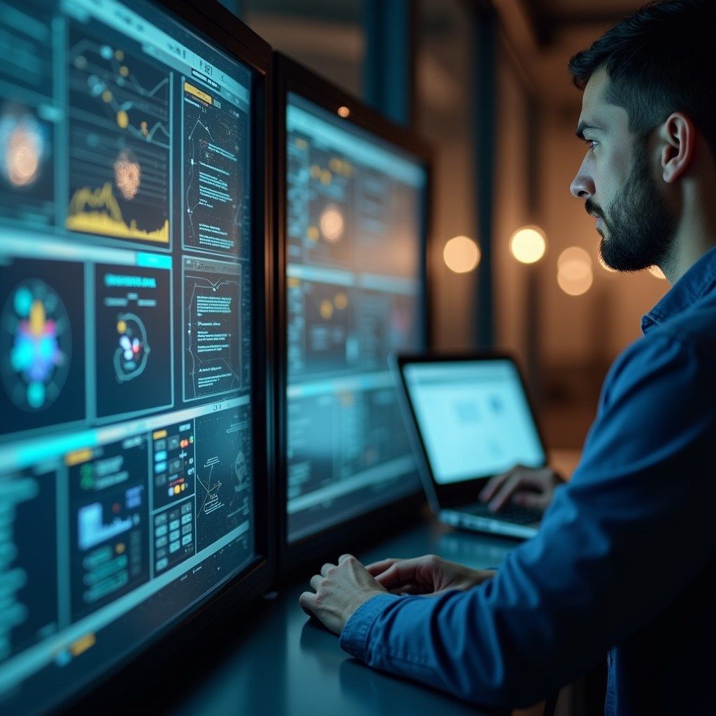 Man working with data on computer screens, using a laptop in a dimly lit office.