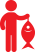 A red silhouette of a man holding a fish.