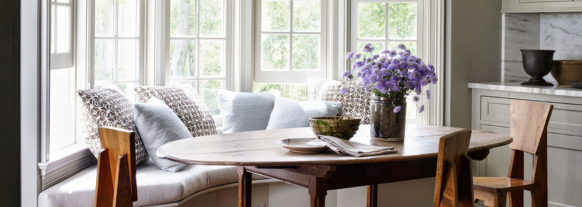 Picture of a bay window with a seating area. Picture of a bay window with a seating area.
