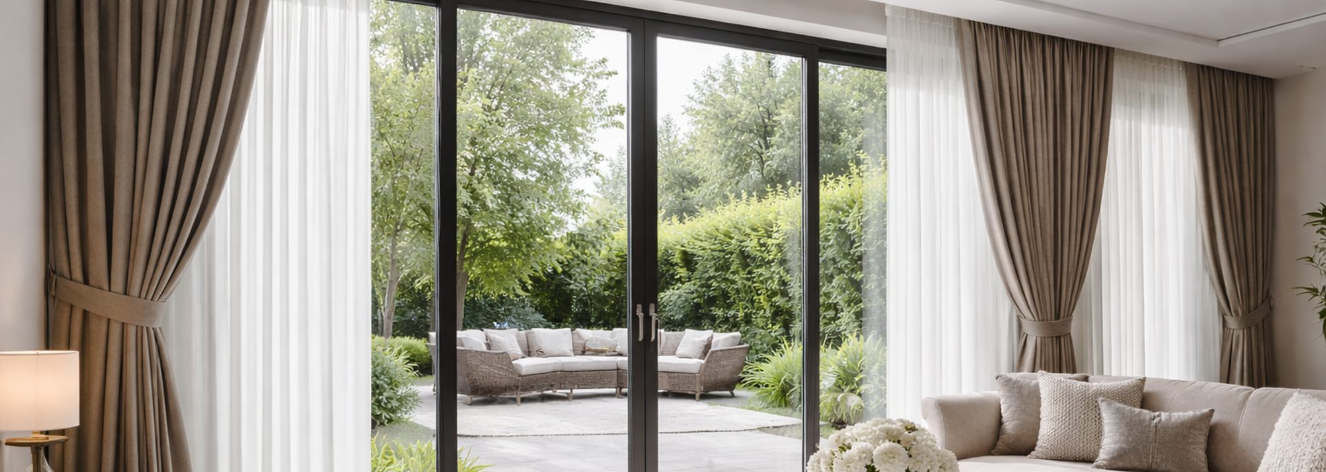 Picture of patio doors with stylish curtains. 