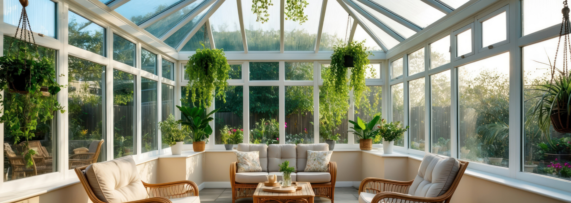 Picture of a glass conservatory in sunny spring weather. Picture of a glass conservatory in sunny spring weather.