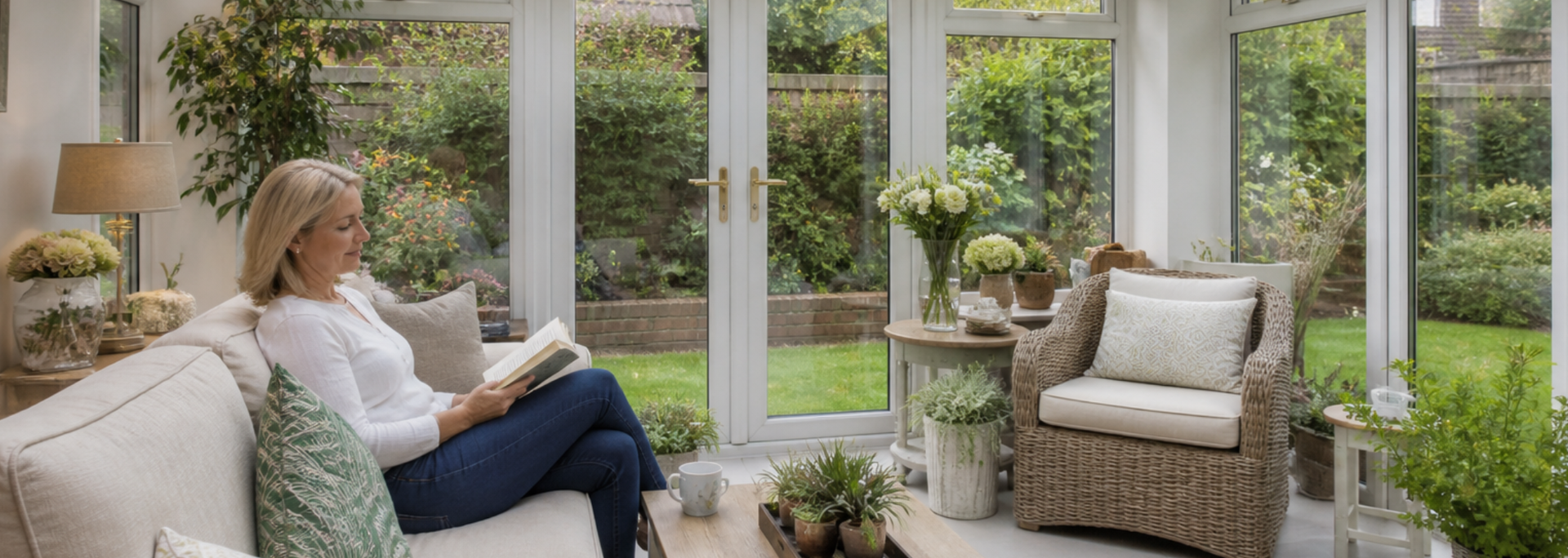 Picture of someone reading a book in a conservatory. 