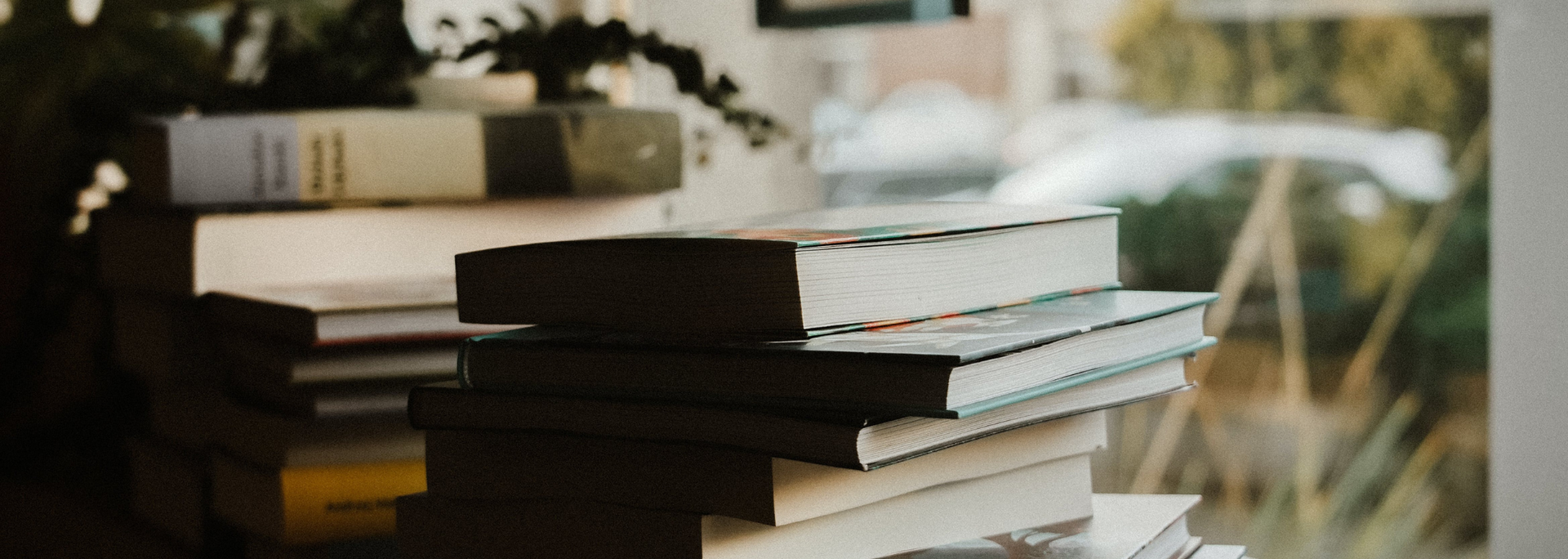 Picture of some books piled up in a window.