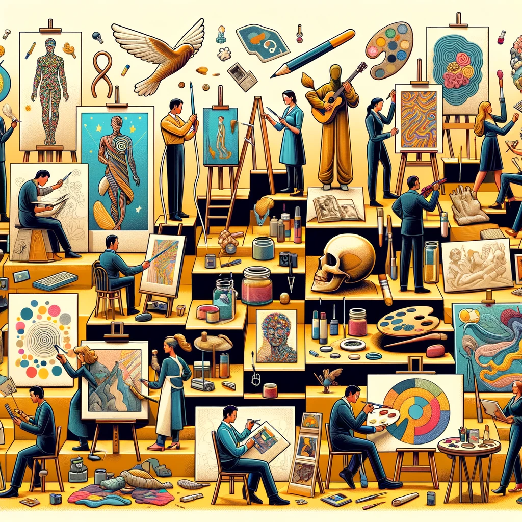 illustration av en mängd olika metoder för konstnärligt skapande