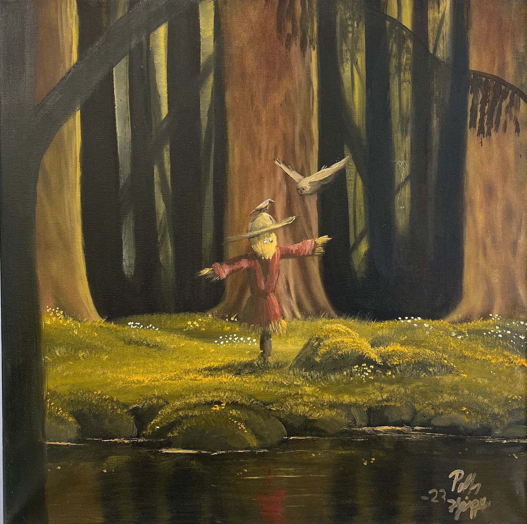 Ett trolskt och sagoinspirerat motiv av Petter Hjerpe, skog med sagoväsen och grön, mossbevuxen mark.