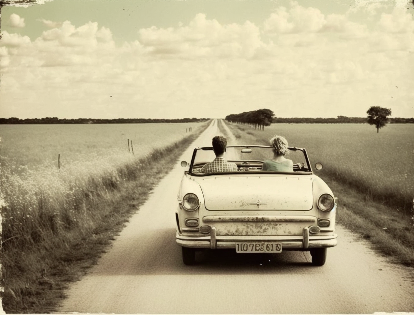 Svartvit (eller färgsvag) bild av en bil med ett par på en väg genom ett sädesfält. Bilden har en gammaldags känsla.