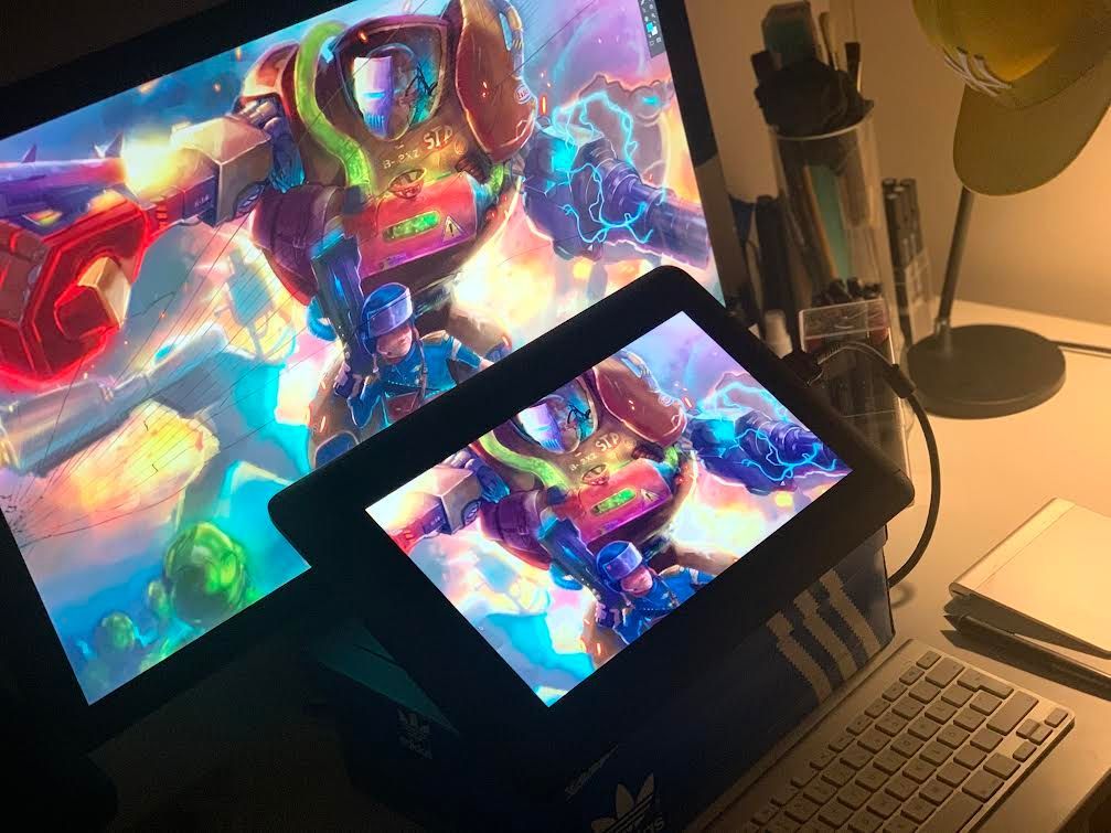 skärmar med illustrationer i Anders Kindbergs arbetsrum