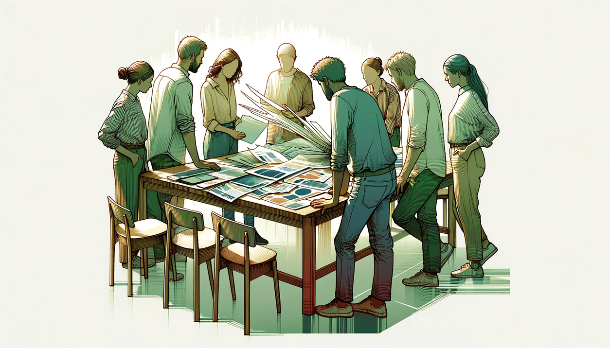 Ett antal personer står runt ett bord med arbetsmaterial i form av text och bilder.