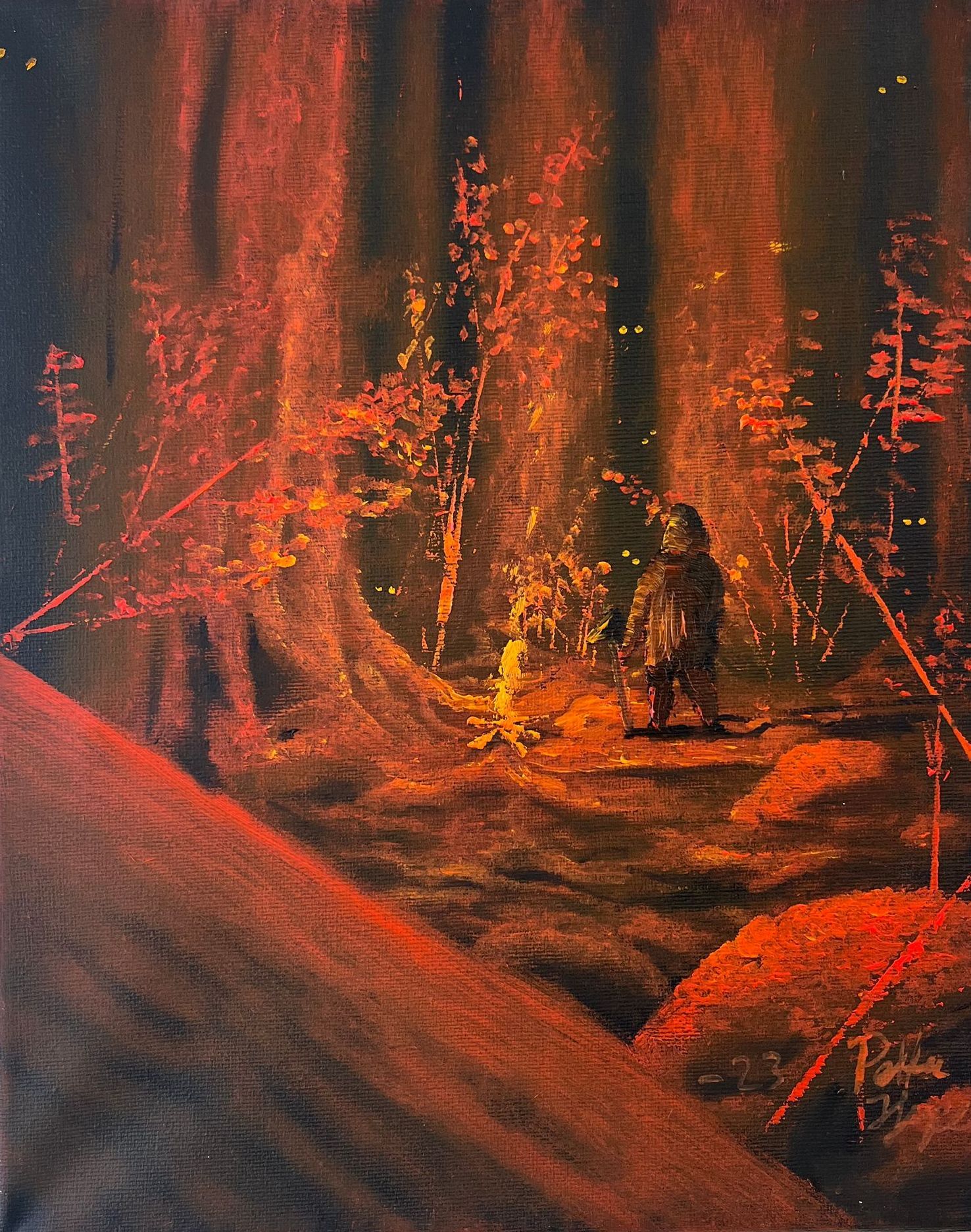 målning i röda toner av Petter Hjerpe, med mystiskt skogsmotiv