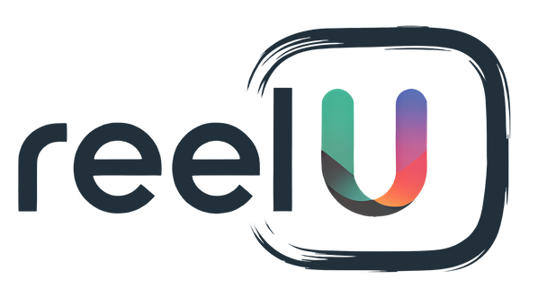 A logo for a company called reel u with a colorful u in the middle.