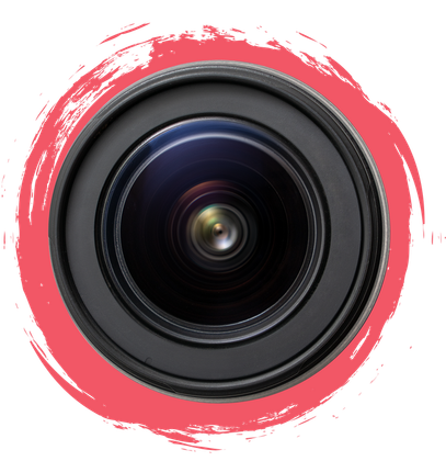 A close up of a camera lens in a pink circle