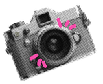 A black and white photo of a camera with pink dots on it.