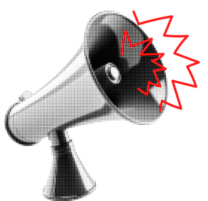 A black and white drawing of a megaphone with a red lightning bolt coming out of it.