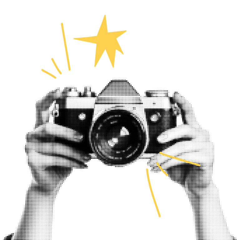 A black and white drawing of a person holding a camera