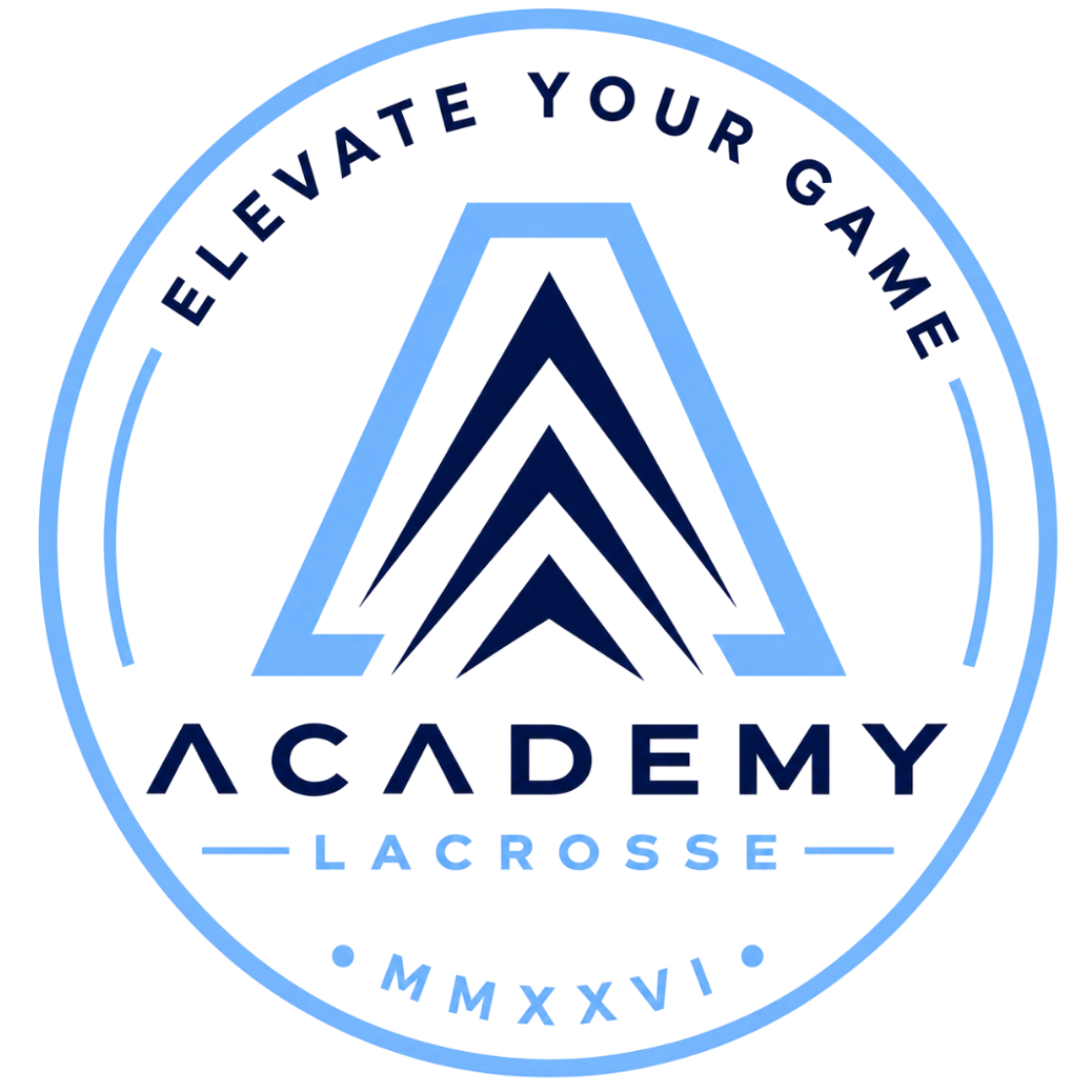 Blue and navy Academy Lacrosse logo with &ldquo;Elevate Your Game&rdquo; and &ldquo;MMXXVI&rdquo; text.