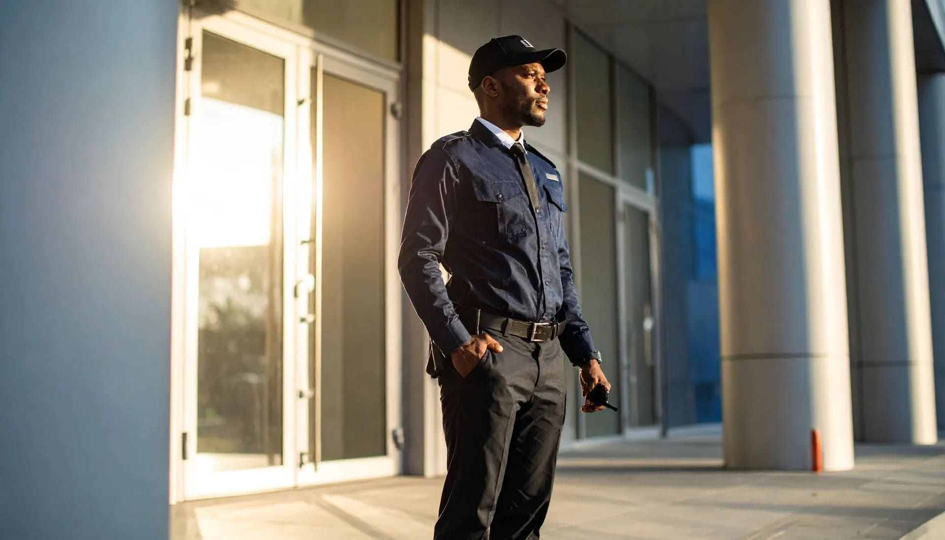 security guard standing outside a building