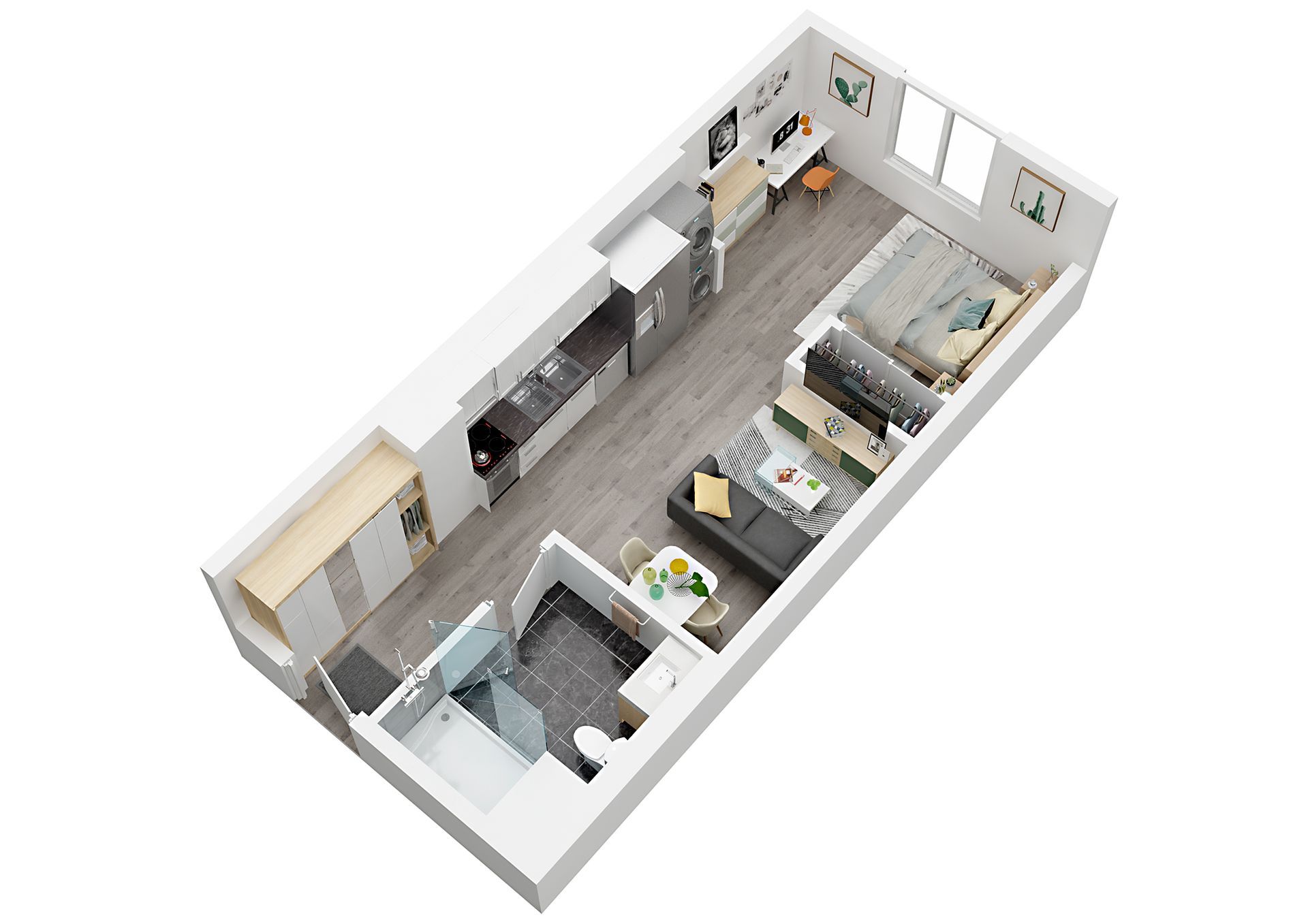 An aerial view of a floor plan of a small apartment.