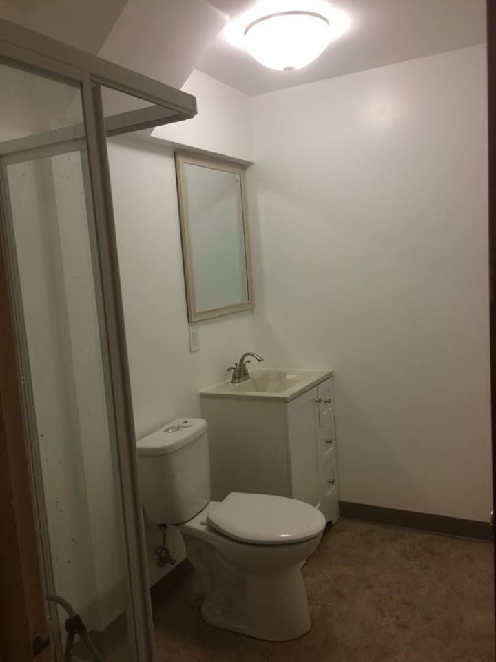 A bathroom with a toilet a sink and a mirror