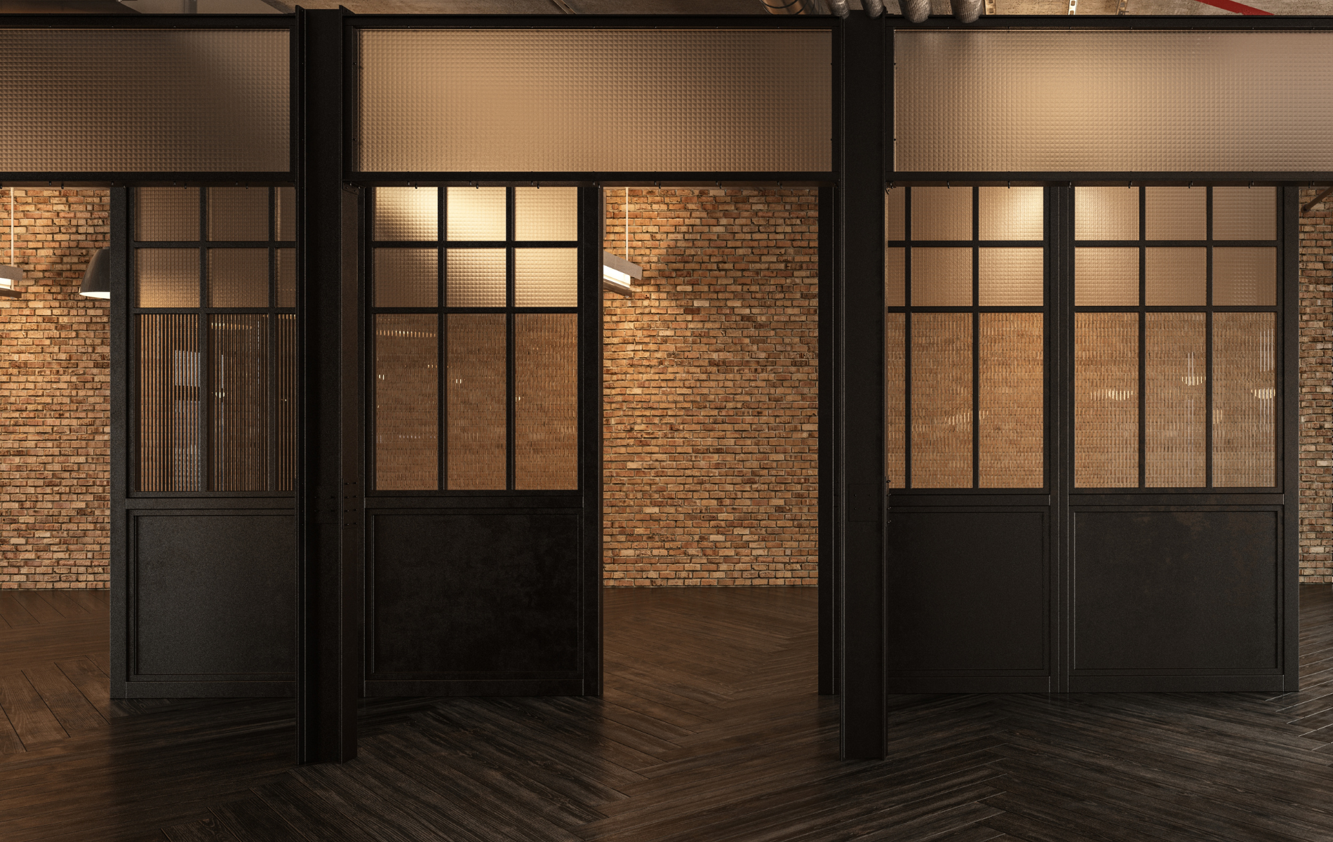 An empty room with a brick wall and glass doors.