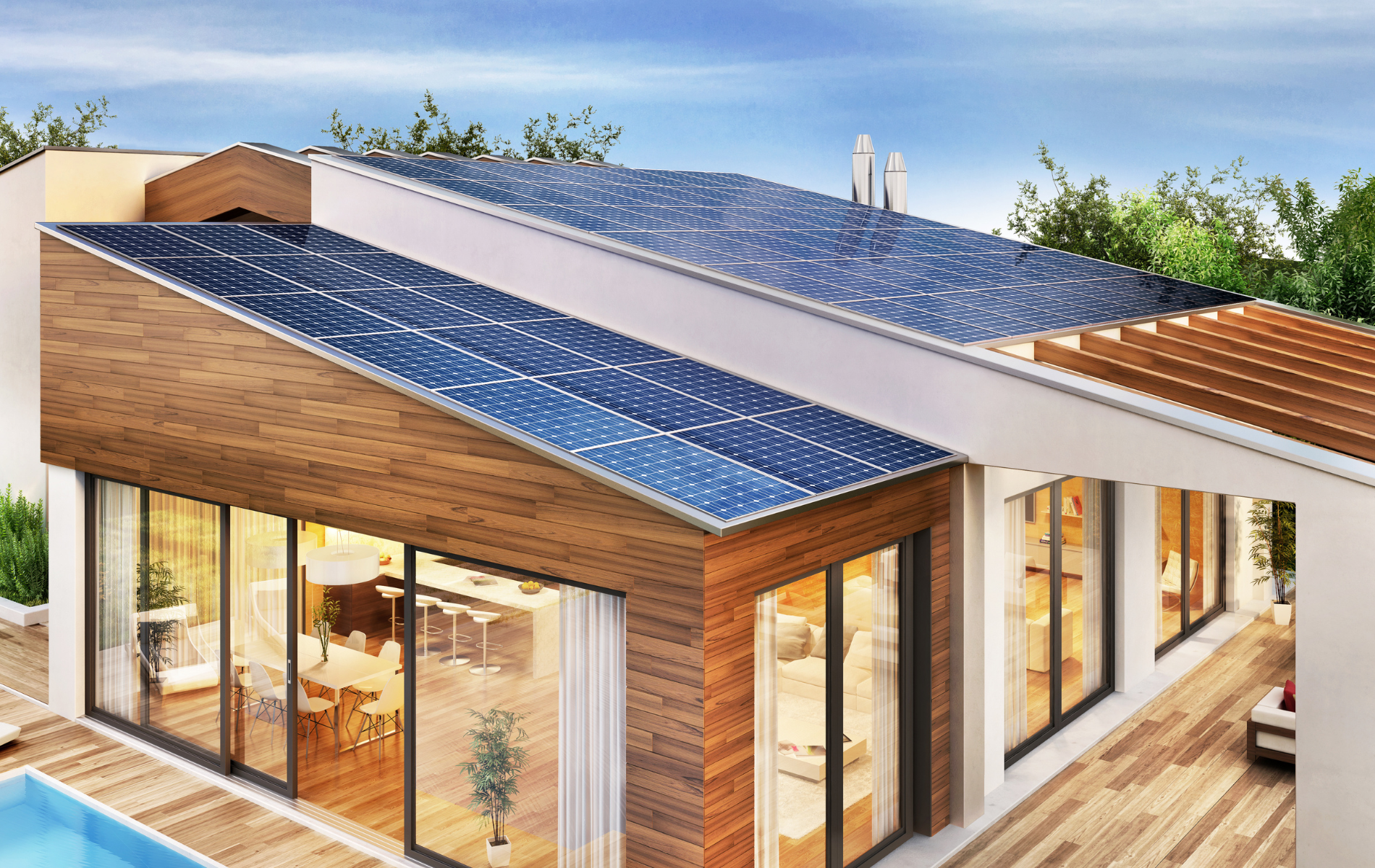 A house with a swimming pool and solar panels on the roof.