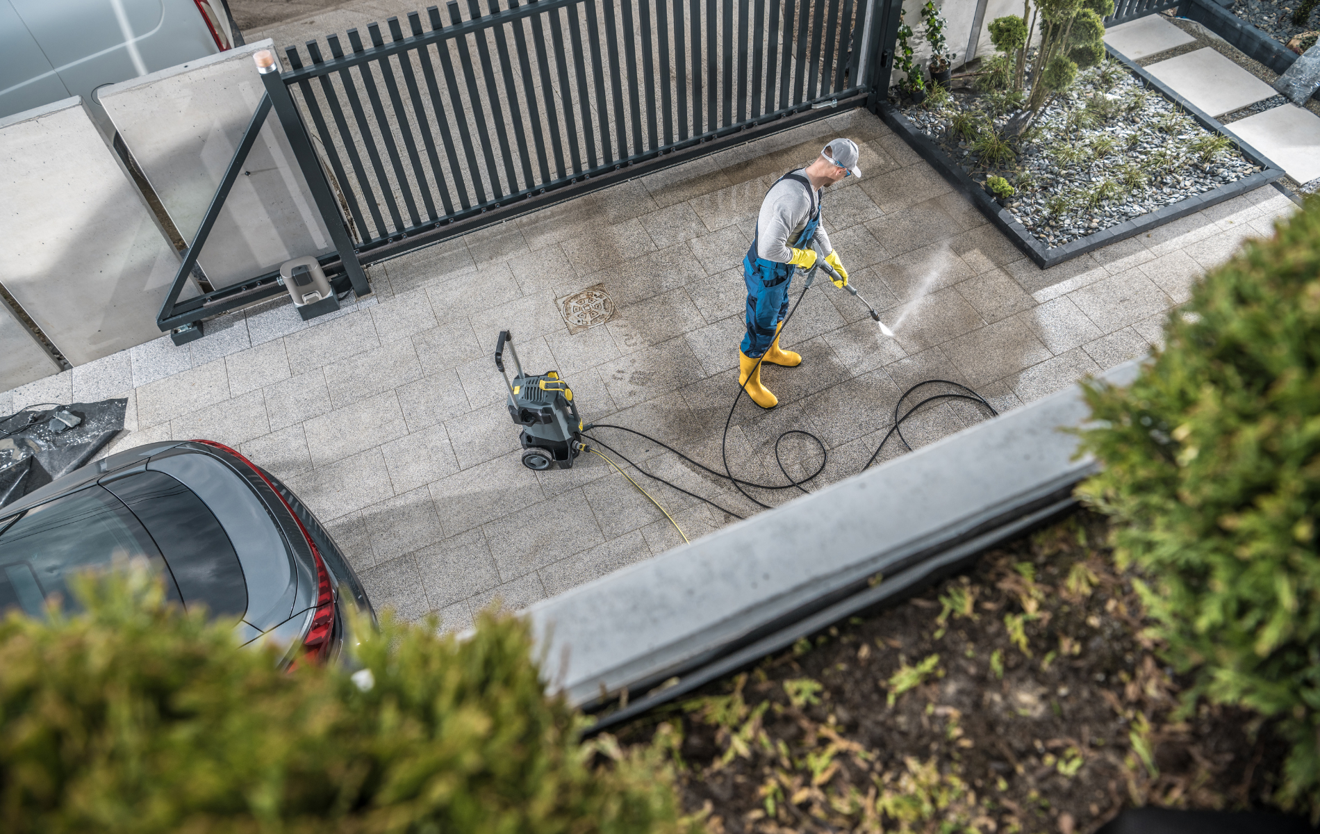 A man is using a high pressure washer to clean a driveway.