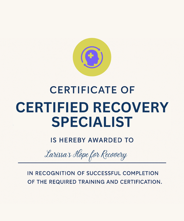 A certificate of certified recovery specialist is hereby awarded to sarsa 's hope for recovery.