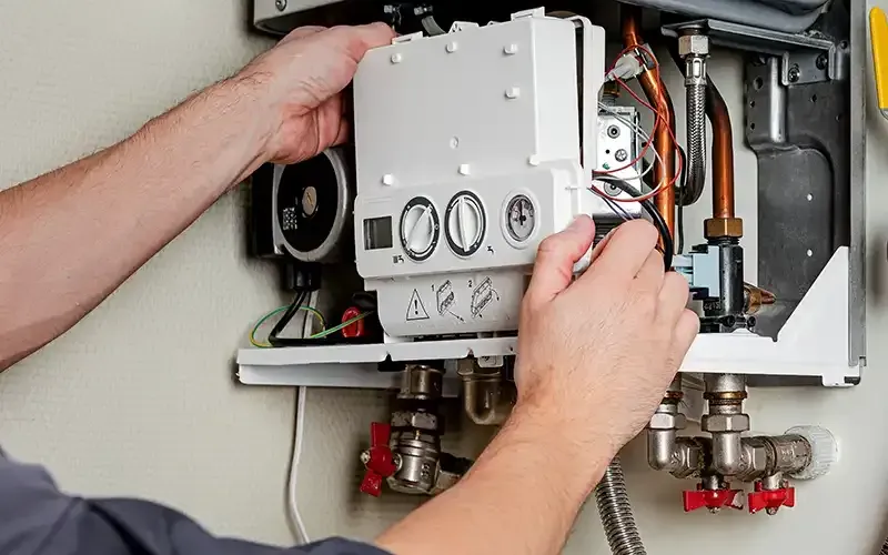 A group of five men in navy shirts posing. Indoor setting with blue wall, serious expressions.