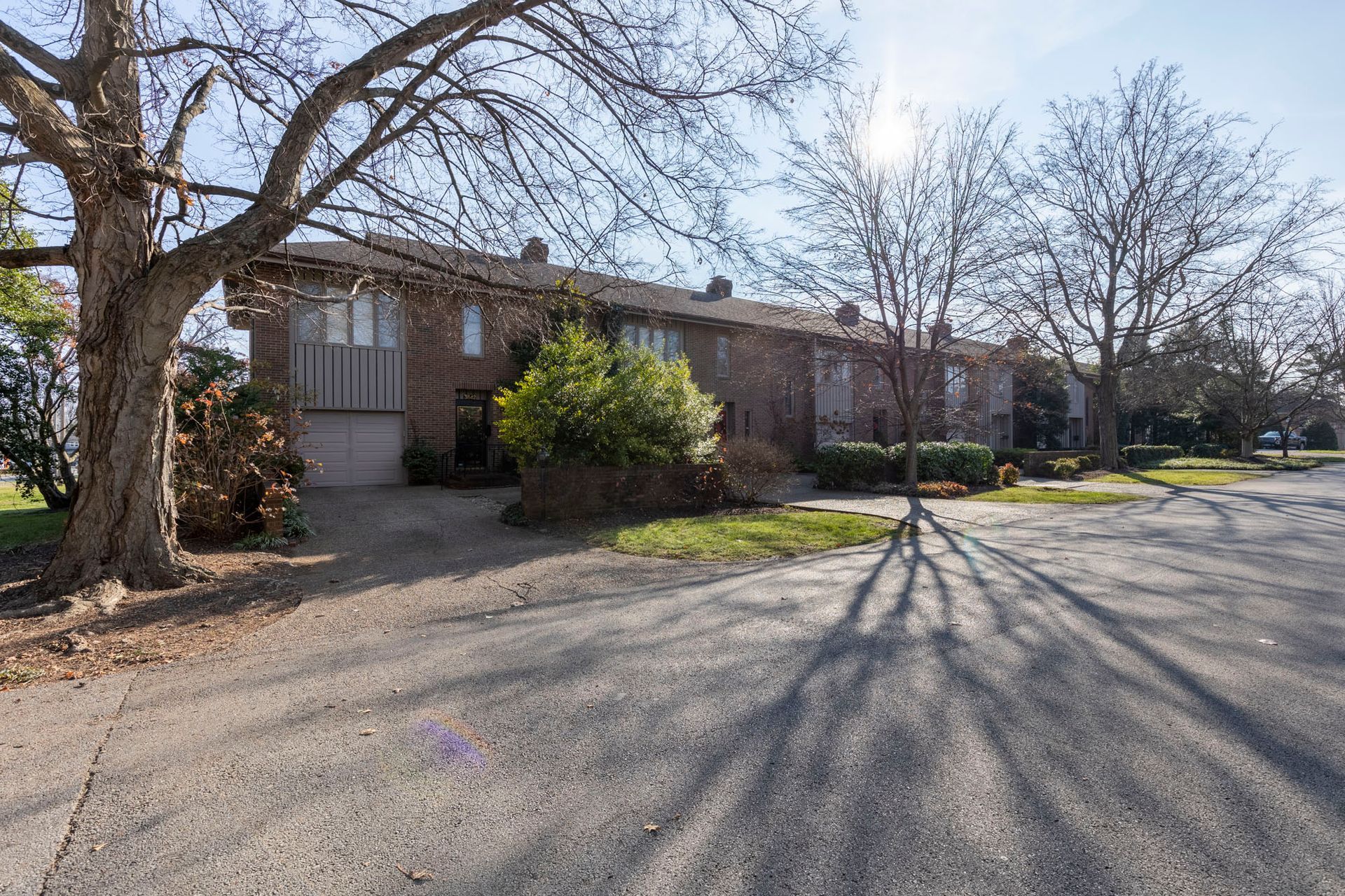 A house with a driveway and a tree in front of it.
