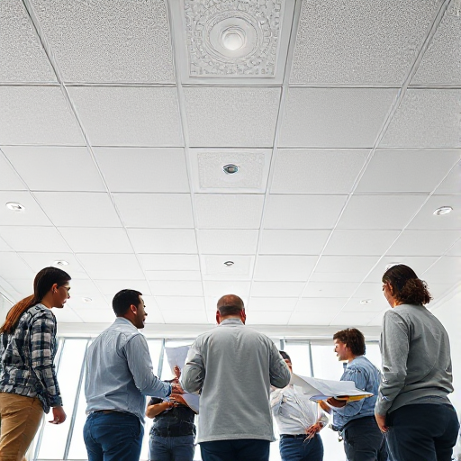 Metal grid ceiling with recessed lighting.