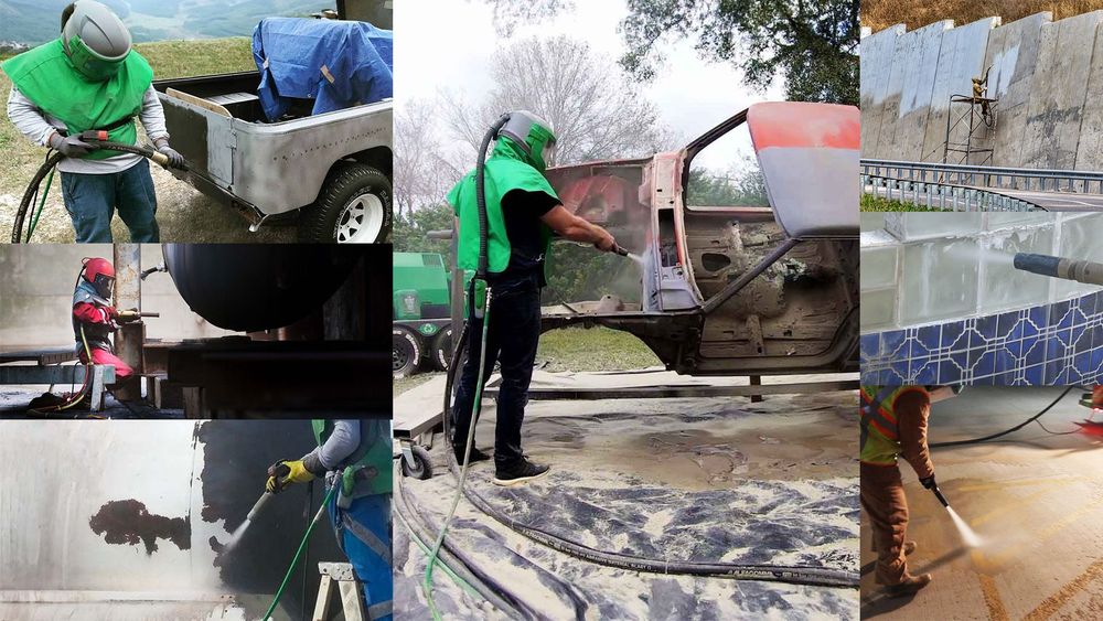 A collage of photos of people sandblasting a car