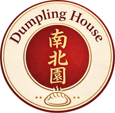 A round restaurant logo for "Dumpling House" featuring a central red circle, golden Chinese characters, and a dumpling.