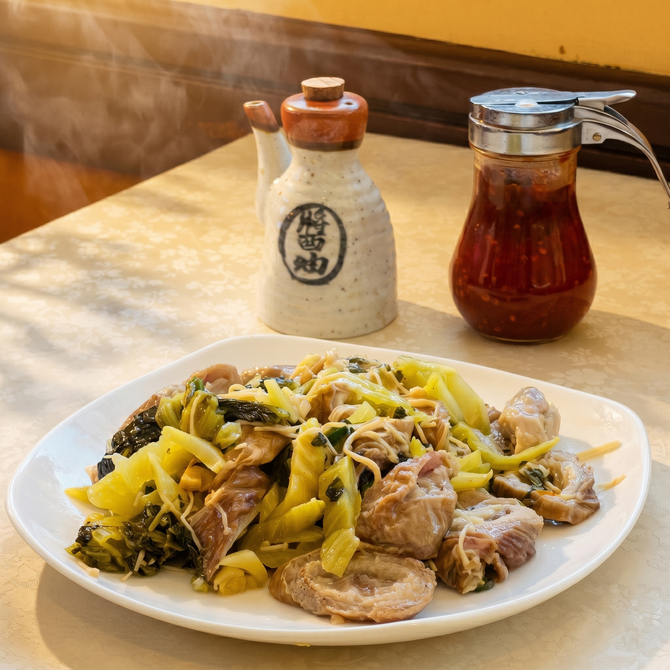 A plate of stir-fried meat and vegetables next to a soy sauce dispenser and a container of chili oil on a table.