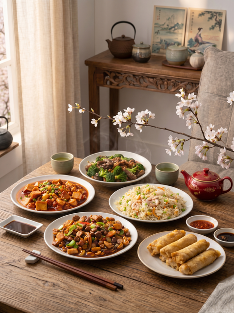 A table set with a variety of Asian dishes, including fried rice, spring rolls, and stir-fry, near a floral centerpiece.