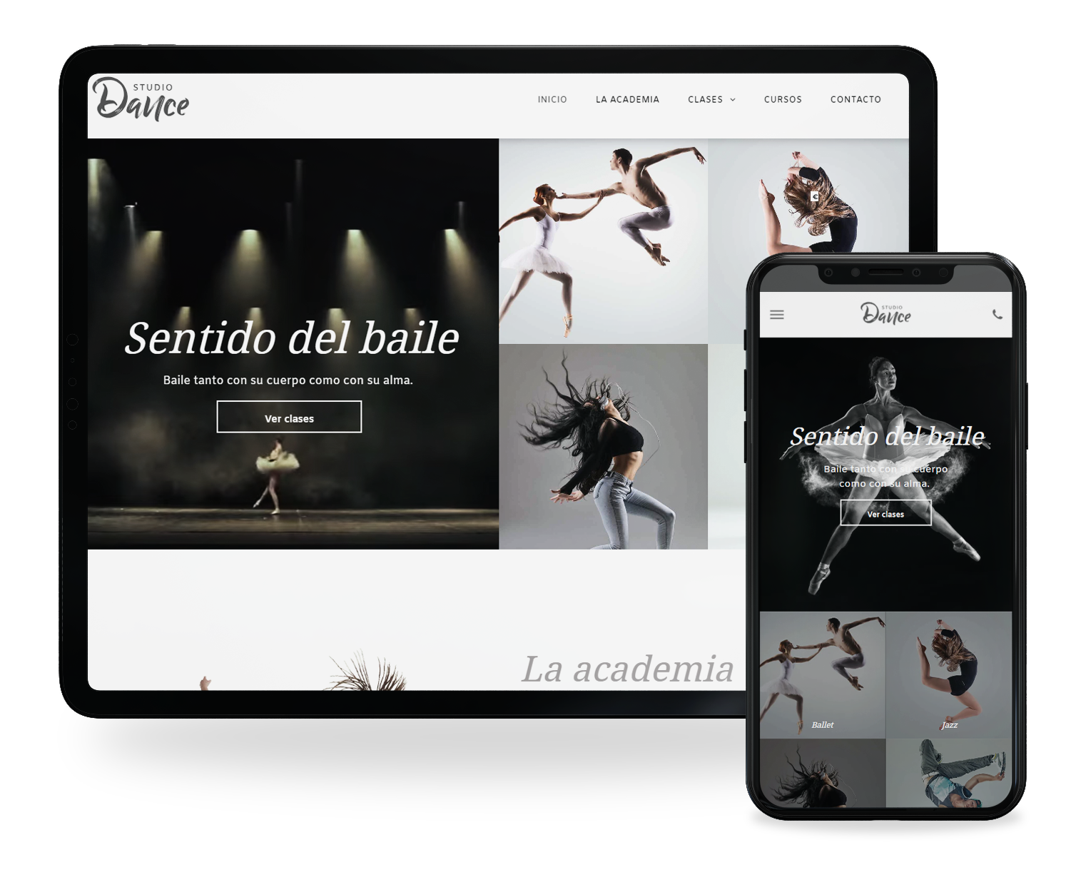 una tableta y un teléfono junto a un sitio web para la academia de baile