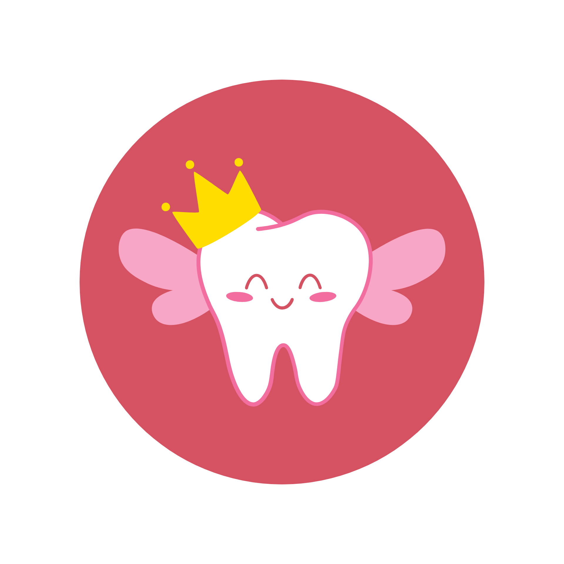 Tooth with crown and wings, smiling on a red background.