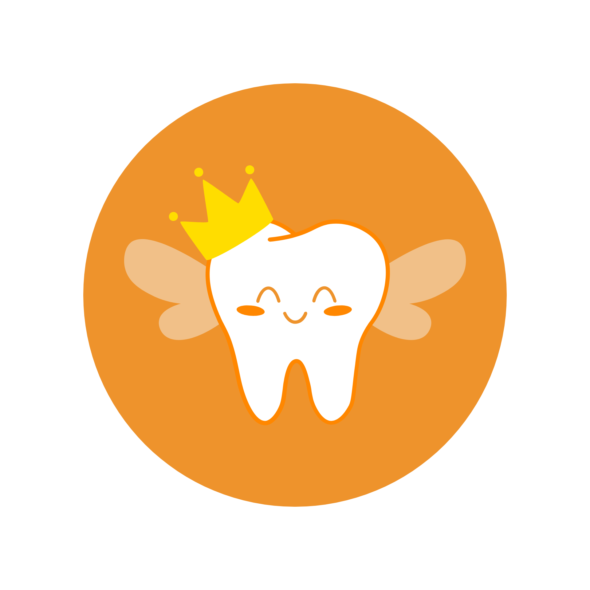 Smiling cartoon tooth with wings and crown, in orange circle.