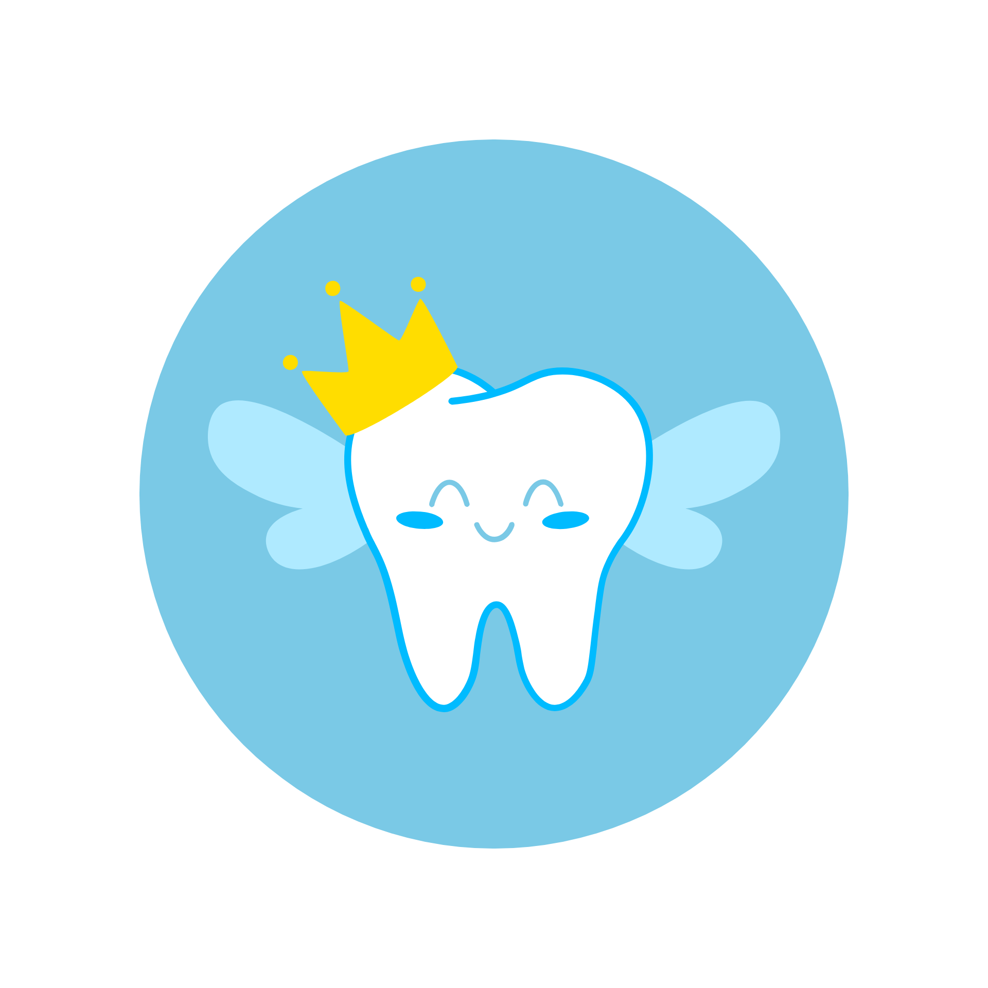 A tooth with a crown and wings, smiling, inside a blue circle.