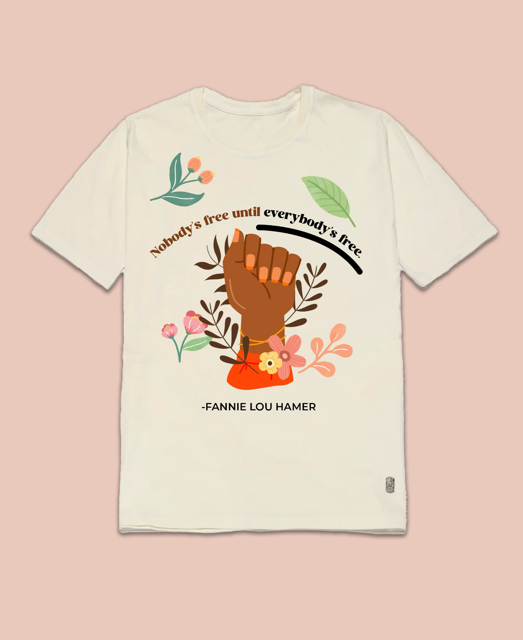 Six Dimensions off white t-shirt with a fist and flowers on it.
