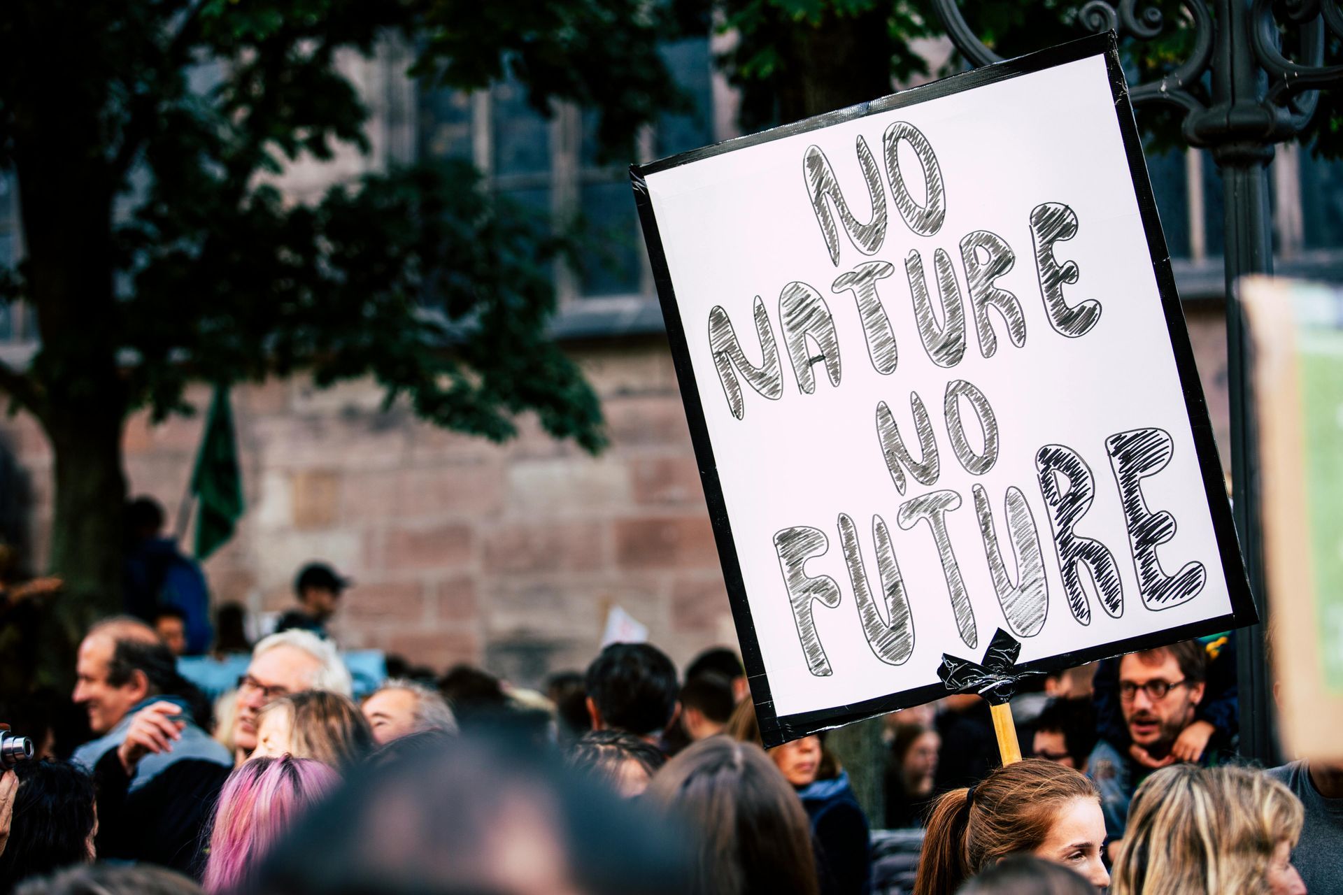 A group of people are holding a sign that says `` no nature no future ''.