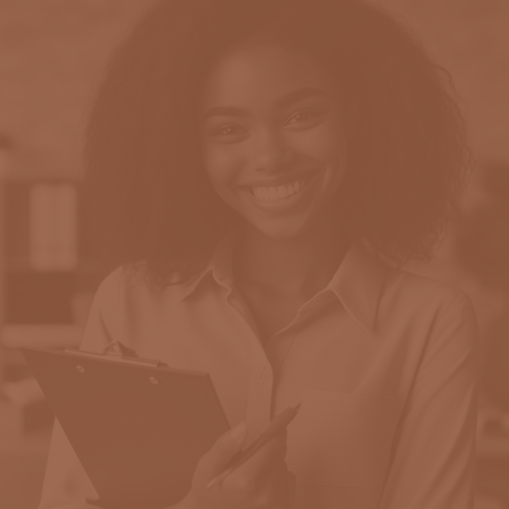 A woman is smiling while holding a clipboard and a pen.