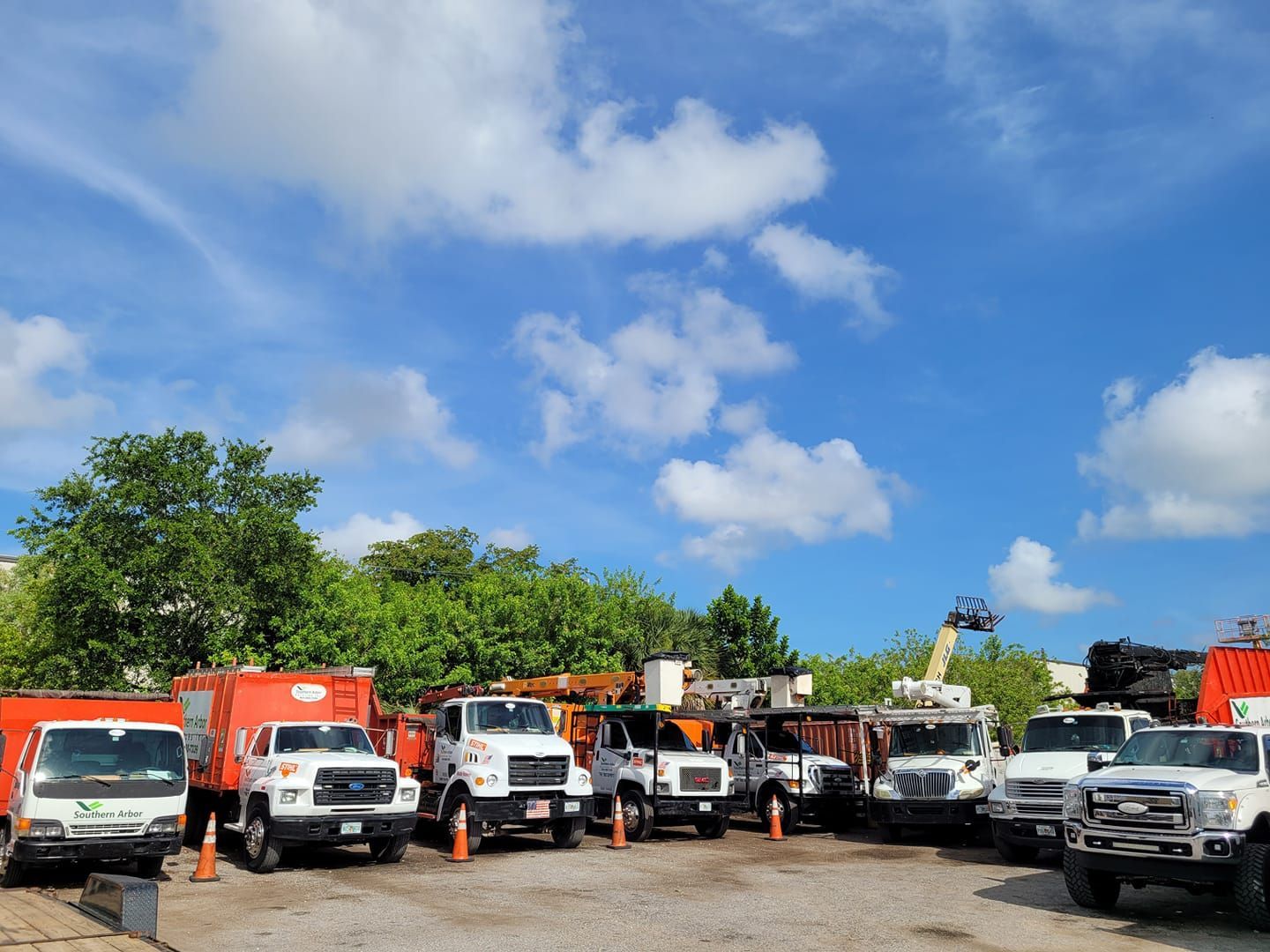 A line of utility trucks parked outdoors under a bright blue sky with sparse clouds.
