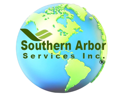 Logo for Southern Arbor Services Inc. on a globe showing North and South America in green with a blue background.