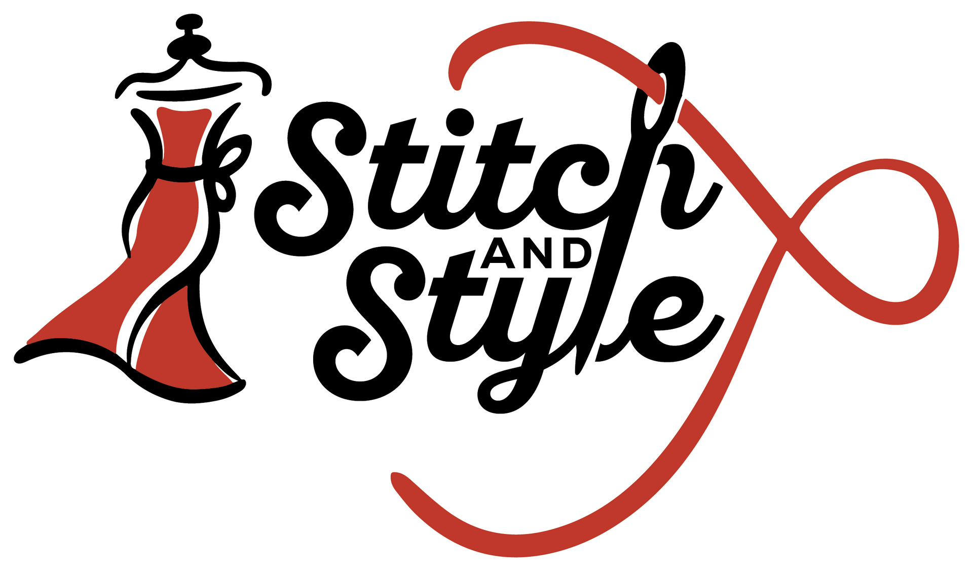 A logo for stitch and style with a red dress on it