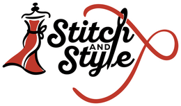 A logo for stitch and style with a red dress on it