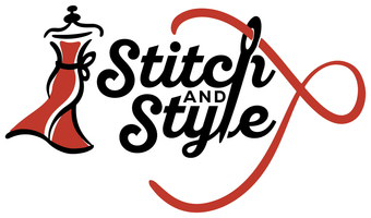 A logo for stitch and style with a red dress on it