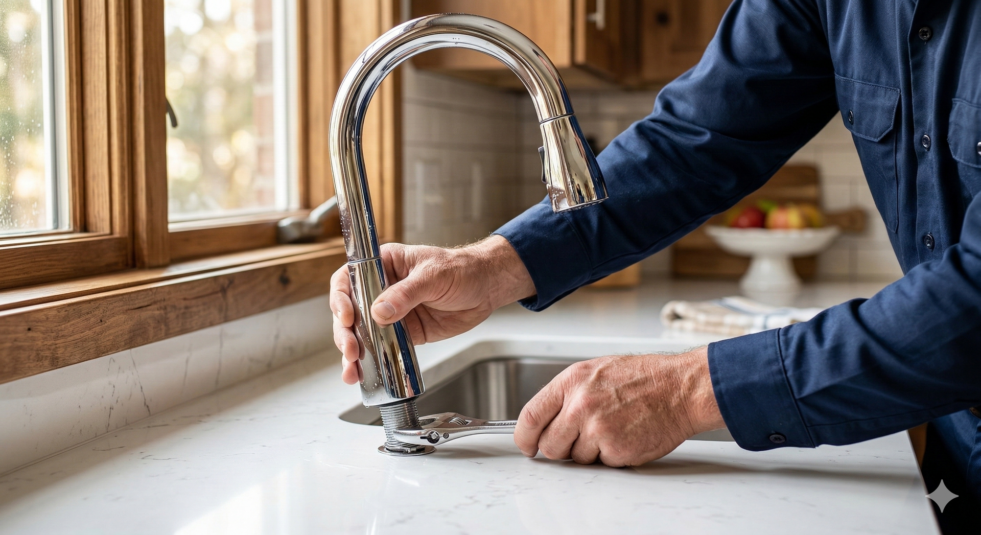 Person installing a silver kitchen faucet in a bright kitchen with a window.