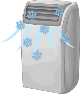 A portable air conditioner with snowflakes coming out of it