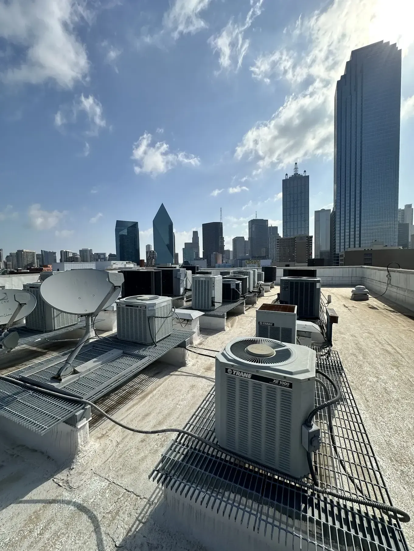 A rooftop with a city skyline in the background.