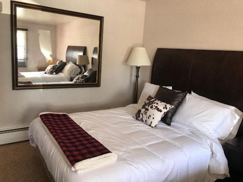 A hotel room with a bed featuring a white comforter, a buffalo plaid runner, a cow print pillow, and a large wall mirror.