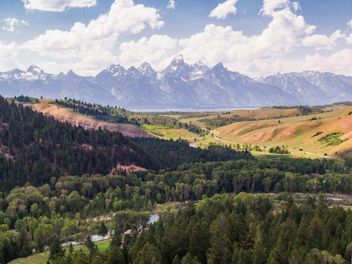 A lush, green valley with a winding river leads to the dramatic, snow-capped peaks of the Grand Teton mountains.